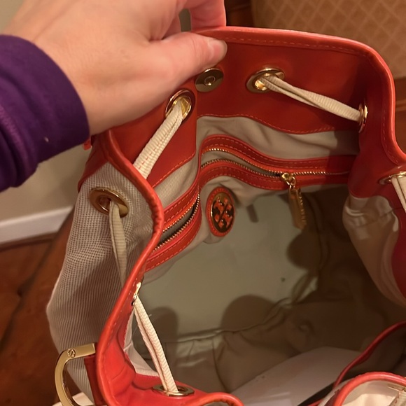 Tory Burch Leather Canvas Bucket HandBag Drawstring Tote Orange Beige Gold - Picture 9 of 13